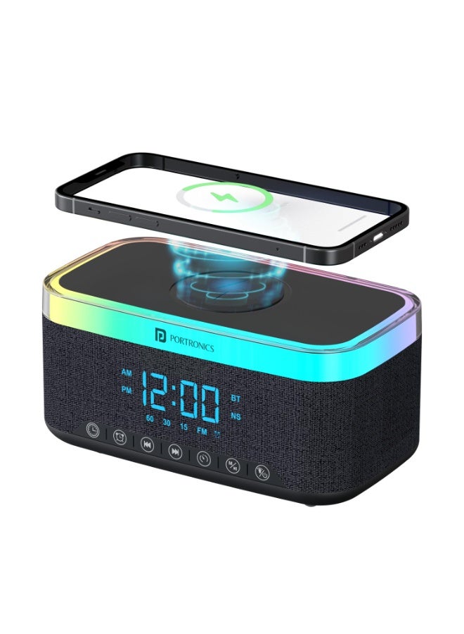 بورترونيكس Portronics Trifusion 16W HD Sound Bluetooth Speaker with 15W Wireless Charging, 360°RGB LED Lights, Digital Clock with Alarm Setting, Built-in White Noise, USB/SD Card/AUX in, Type C Charging(Black) - Image 1